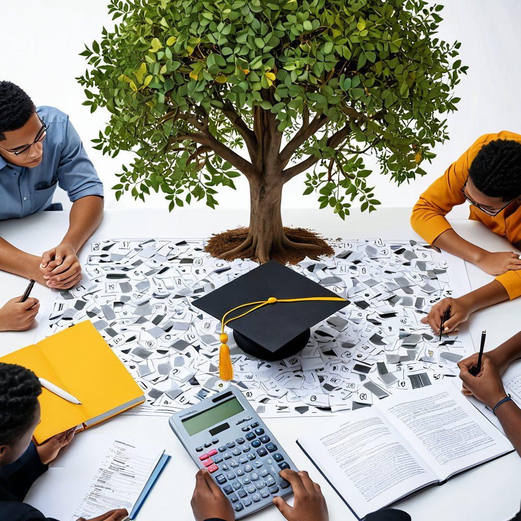 A symbolic representation of financial education, featuring a diverse group of students studying together surrounded by books, laptops, and financial documents. Overlay the scene with a glowing tree made of dollar signs, symbolizing growth through grants and aid. Include elements like a graduation cap and a calculator to emphasize the educational aspect. Bright, inviting colors convey hope and opportunity. super-realistic. vibrant colors. white background.