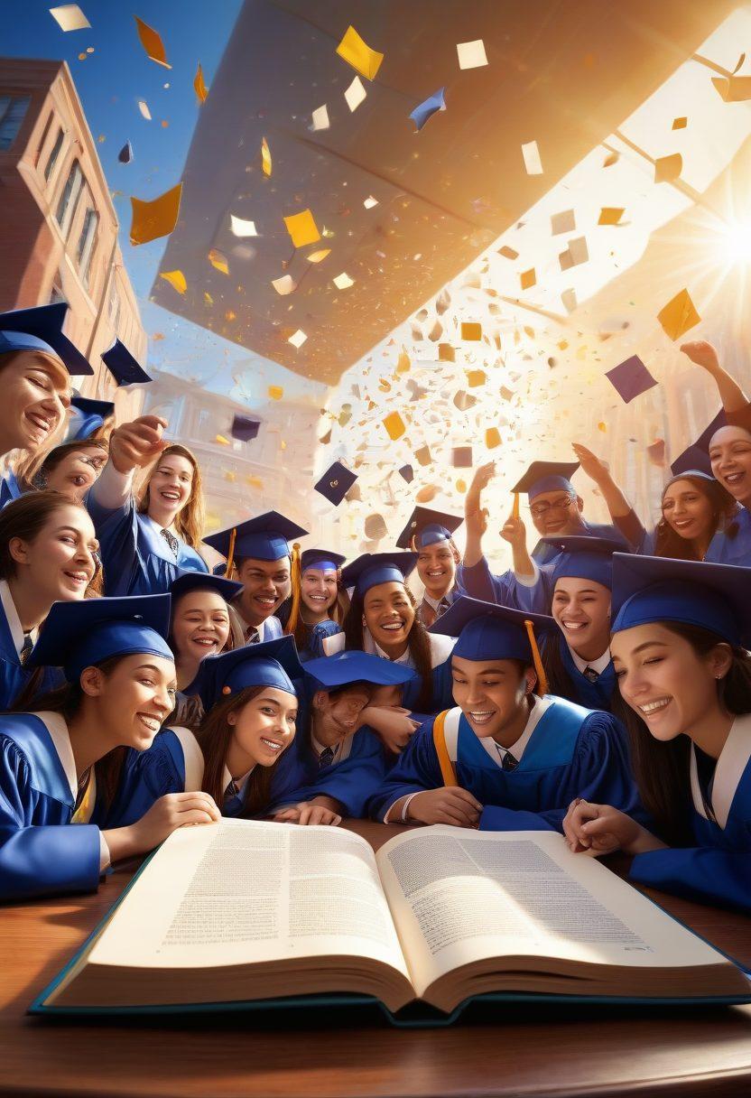A diverse group of enthusiastic students gathered around a large open book, symbolizing knowledge and opportunities. In the background, floating scholarships and financial support symbols like dollar signs and graduation caps. The setting is bright and inspiring, representing hope and ambition in higher education. Soft rays of sunlight illuminating the scene to enhance warmth and positivity. super-realistic. vibrant colors. 3D.