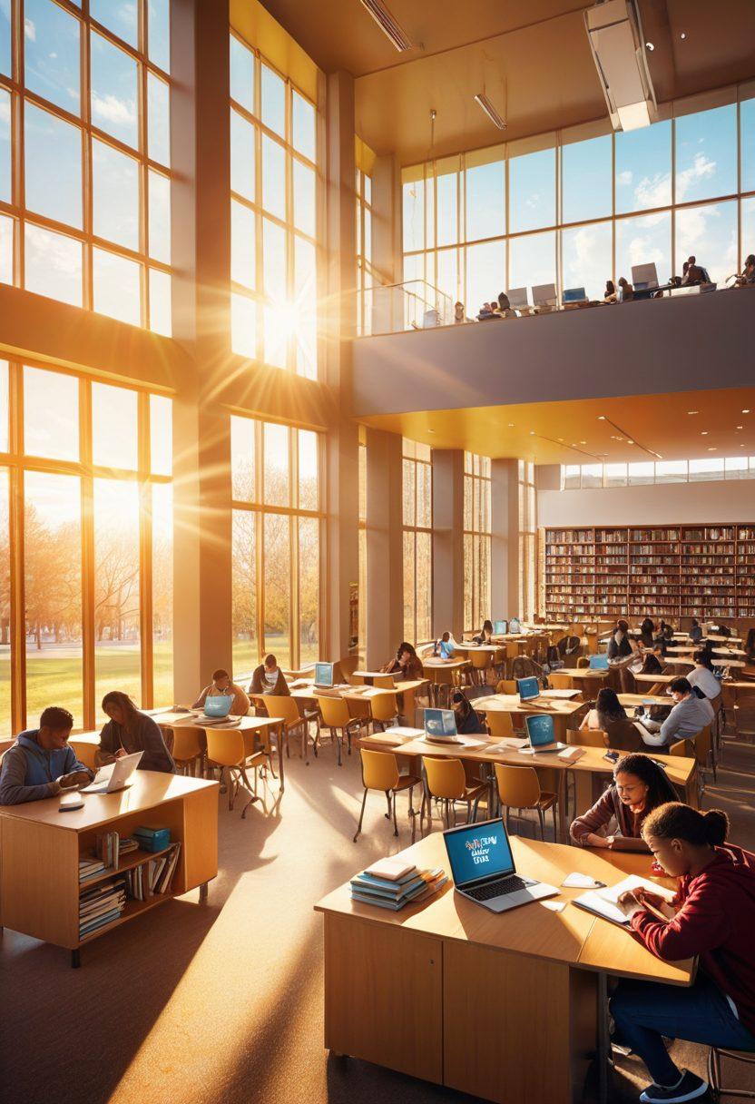 Visualize a vibrant library filled with diverse students absorbed in their studies, surrounded by stacks of books and digital devices. In the background, a motivational poster highlights 'Unlocking Your Path to Higher Education Funding'. Include symbolisms of tuition fees like coins and bills transforming into academic resources like laptops and books. Sunlight filters through large windows, creating a warm and inviting atmosphere. colorful illustration. bright colors. 3D effect.